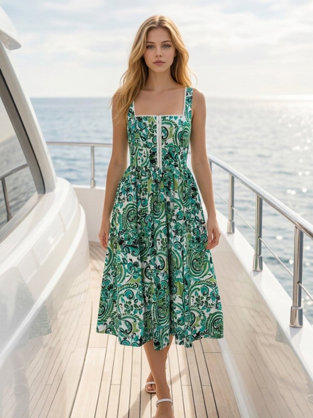 NWT Avec Les Filles Green Paisley Cotton Midi Dress Size 4 / 36